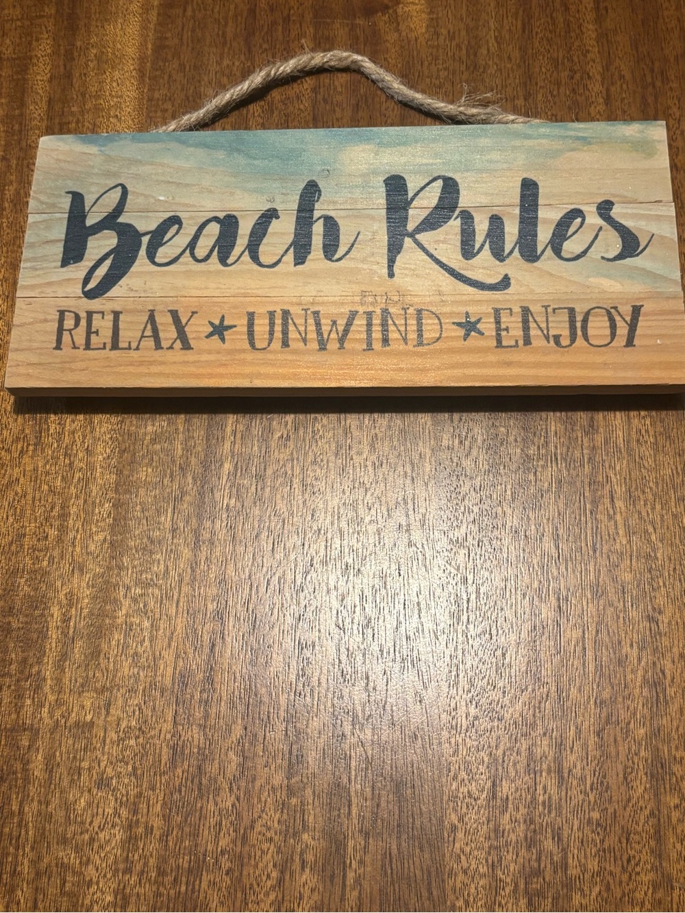 Beach Rules Wooden Hanging Sign - Blue & Natural Wood